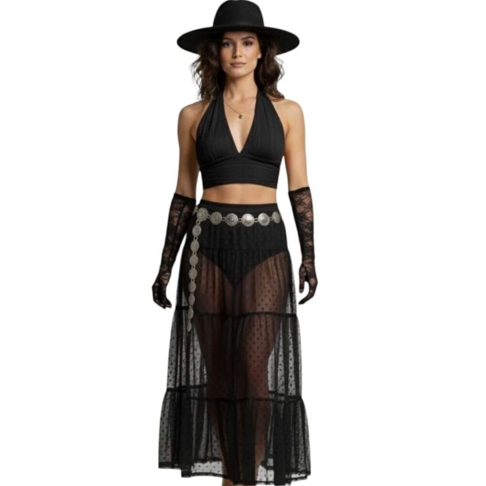 Black Polka Dot Panel Mesh Maxi Skirt Large NWT